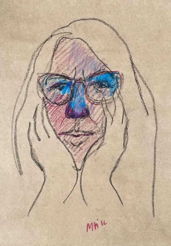 PASTEL PORTRAIT #2 - expressive face drawing, crimson & blue art