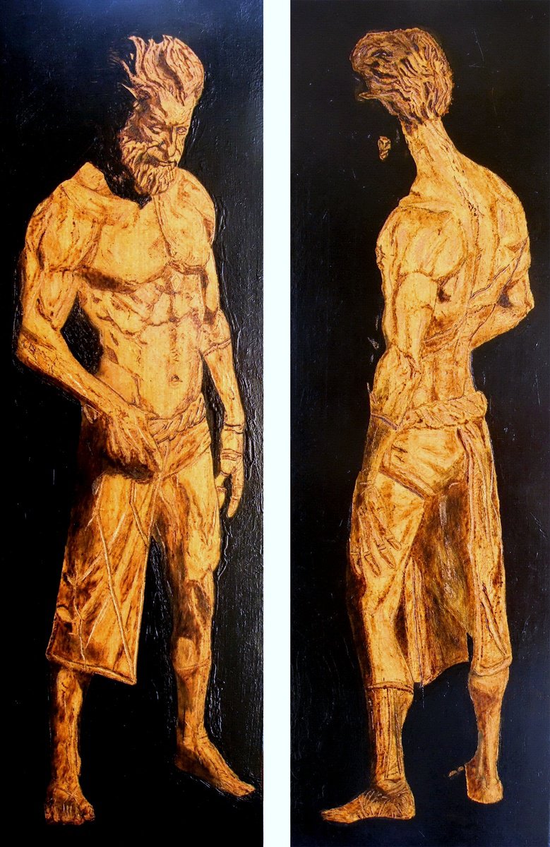 Expressive Portrait Painting By Milis Pyrography, 17 X 22", Zeus (Diptych), Original Artwork