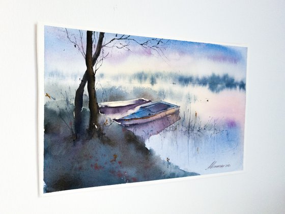 Quiet evening on the lake. Original watercolor picture.