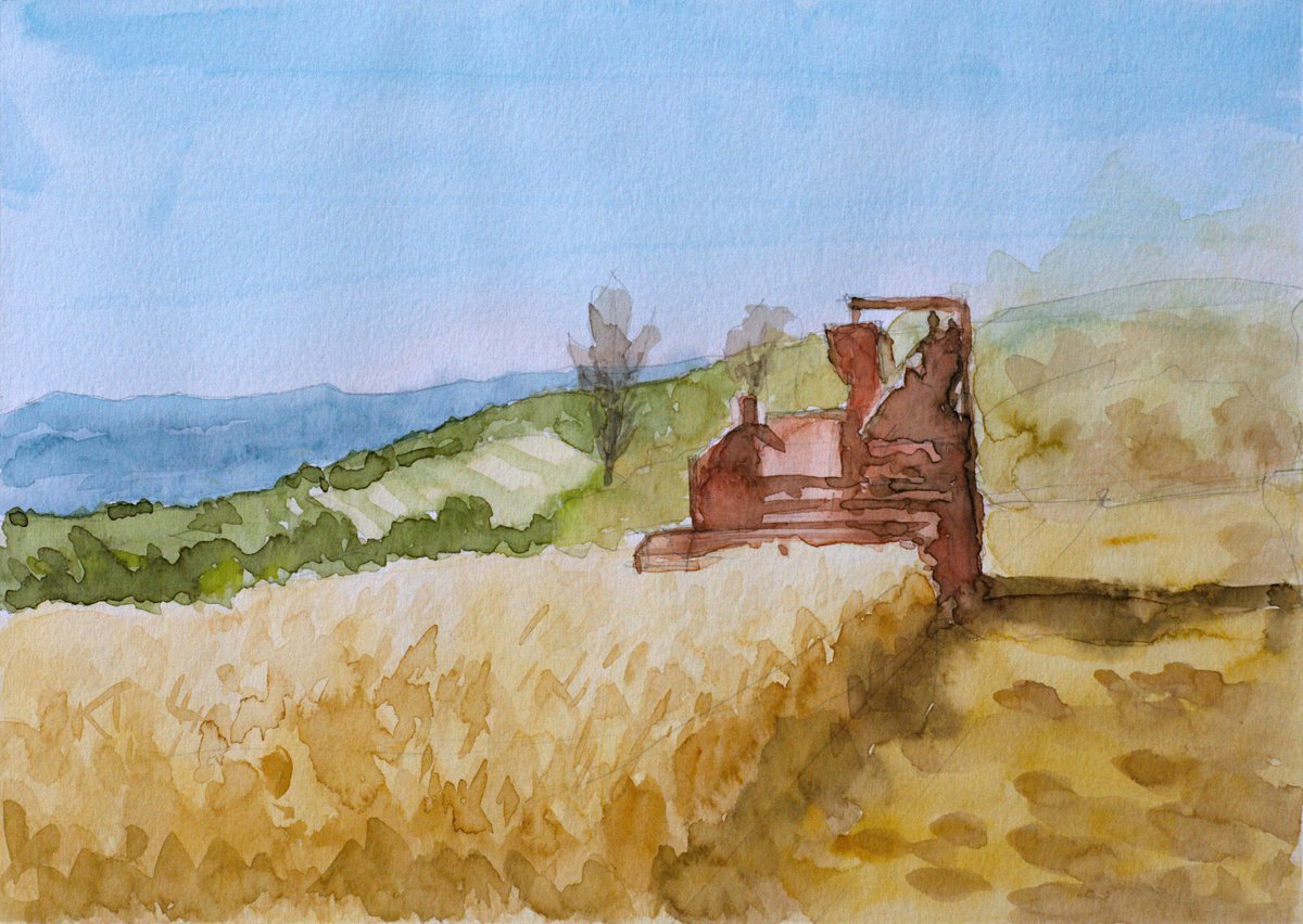 Impressionistic Landscape Watercolour By Dejan Trajkovic, 11 X 8, The Harvest Ii, Original Artwork