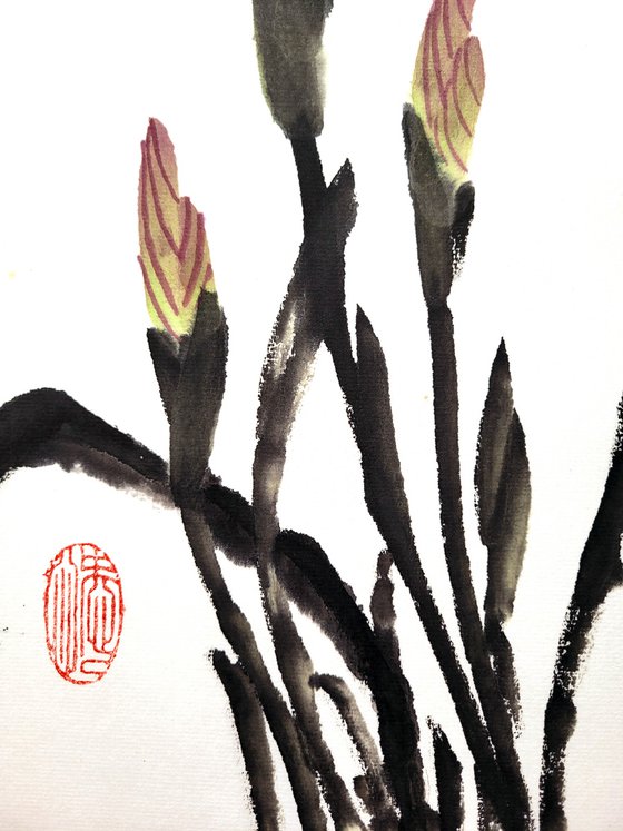 Petra Iris - Desert  Sand Irus  - Oriental Chinese Ink Painting