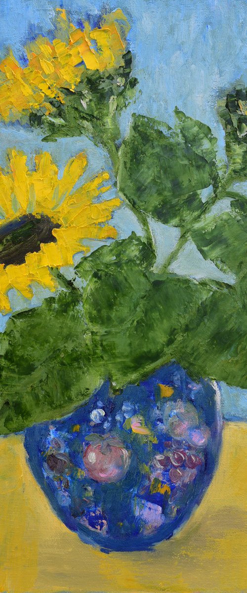 Sunflowers in blue vase by Elena Zapassky