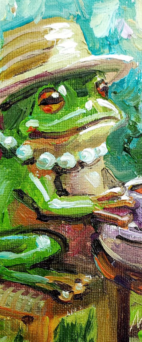 Frog Tea Party. Oil Painting. by Natalia Miasnikova