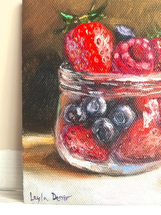 Berries oil painting mini wall art 6x6"