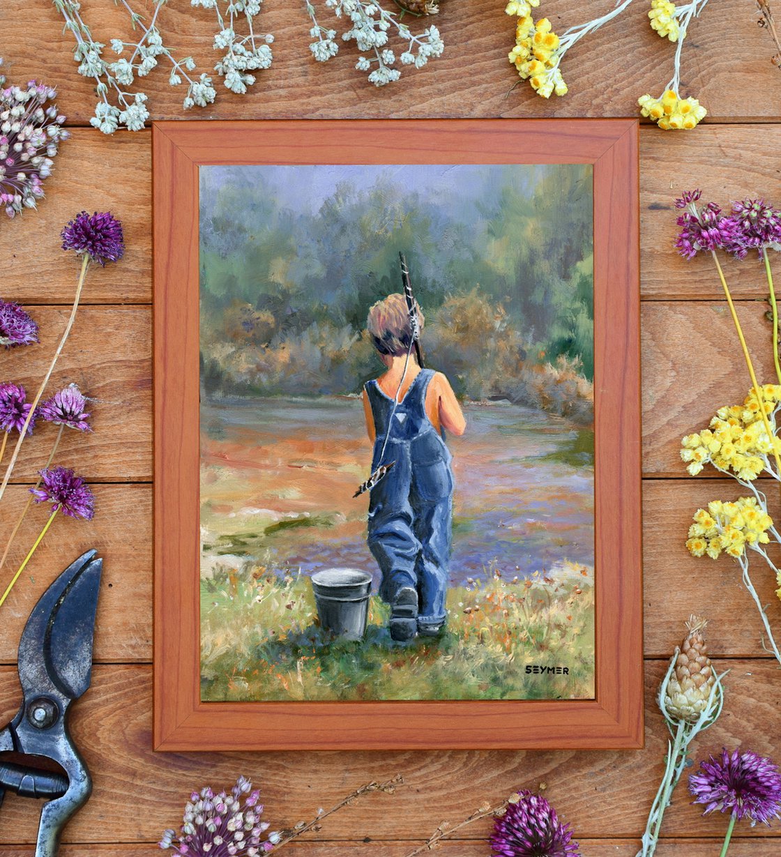 Boy fishing oil painting, 'Happy summer days'. Oil painting by Lucia  Verdejo