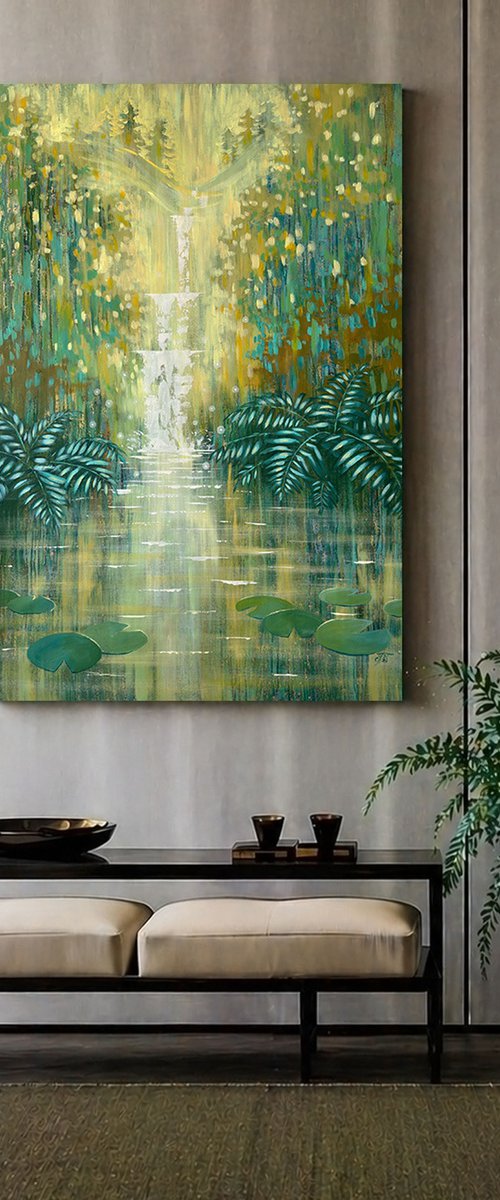 Sparkling Waterfall by an Emerald Forest Pond by Ekaterina Prisich