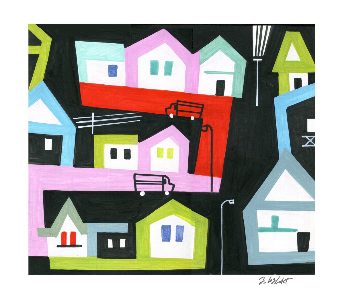 Graphic Acrylic Painting , Port-Au-Prince, Haiti By Andre Baldet, 14 X 13, Artwork For Sale On Artfinder