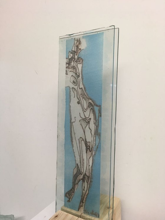 Blue-sky woman - glass-mounted translucent silk drawing - ready to show - window sculpture