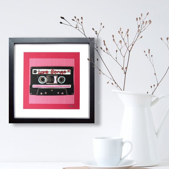 Framed Lino print and collage - Valentines mix tape- Love Songs (lino-print of cassette tape)