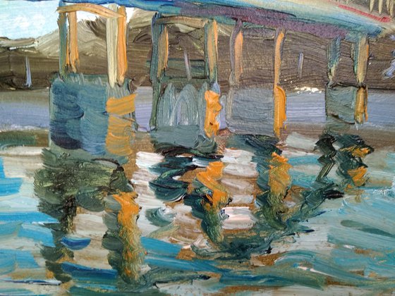 The footbridge over the river Dnipro in the Kyiv city pleinair painting
