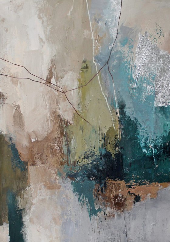 "Fall 3" Abstract acrylic teal green art
