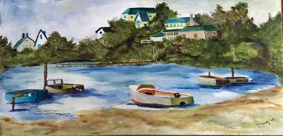 Panoramic Beach village Oil Painting Original in wrapped canvas 10x20