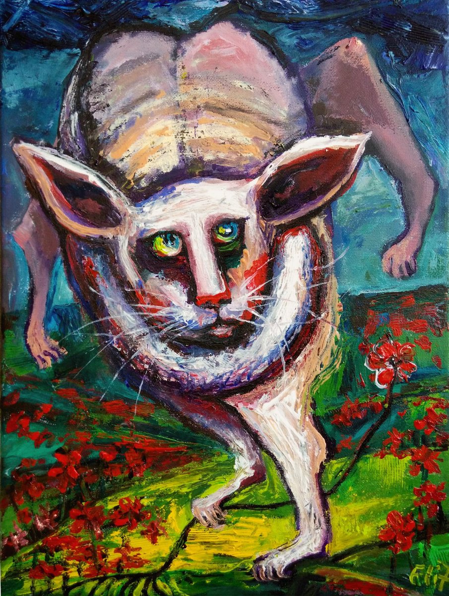 Expressive Animal Acrylic Painting By Elisheva Nesis, 12 X 16, Spring Cat, Original Artwork
