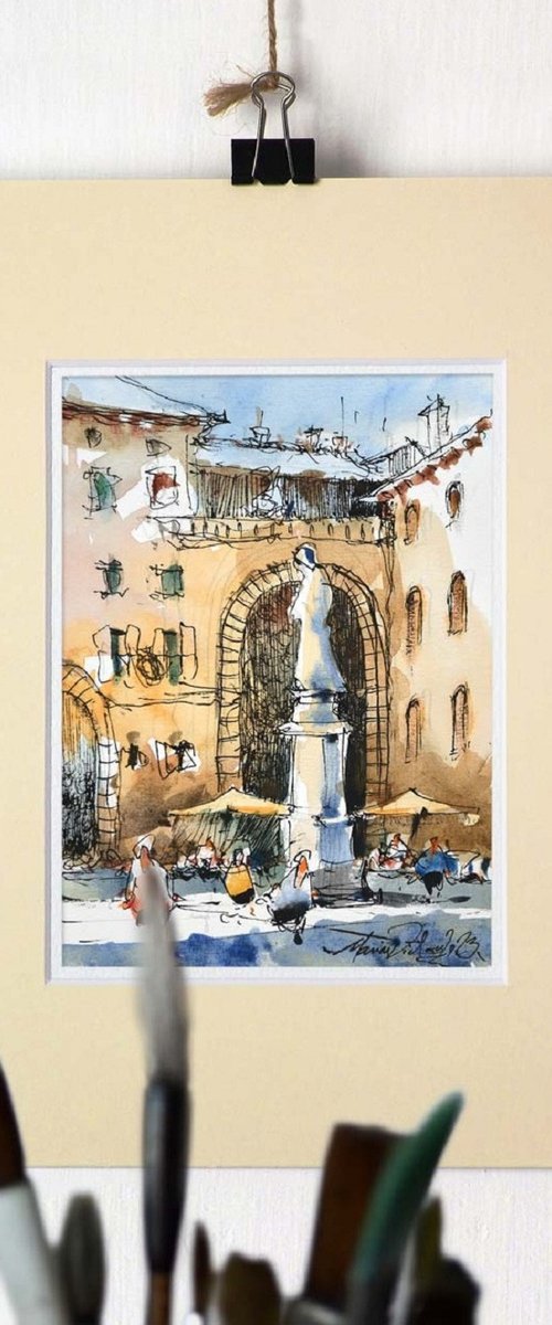 Scene form city center of Verona, original watercolor painting. by Marin Victor