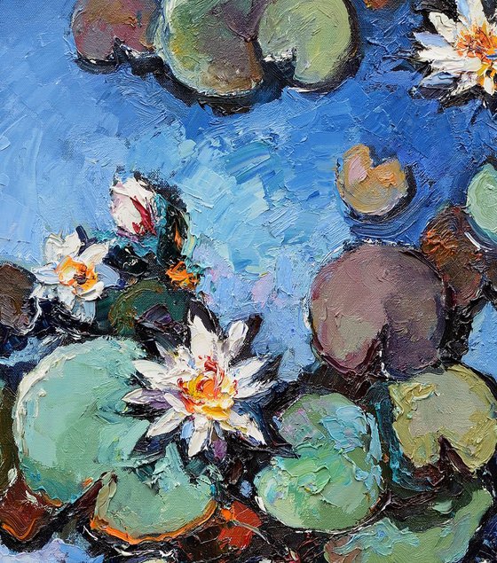 White water lilies Original oil painting 60 x 90 cm