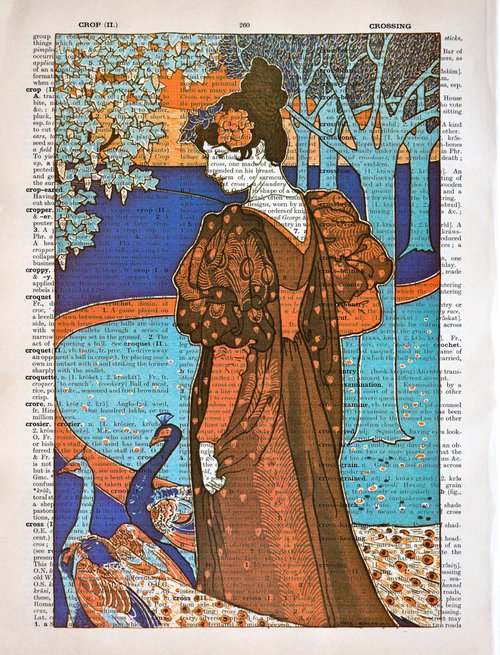 L'Estampe moderne: La Femme au paon - Collage Art Print on Large Real English Dictionary Vintage Book Page by Jakub DK - JAKUB D KRZEWNIAK
