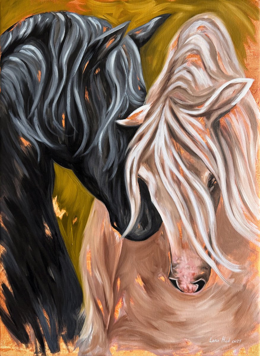 Expressive Animal Oil Painting By Lena Med, 20 X 28", Love Stories Lli, Original Artwork