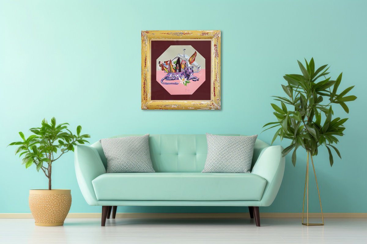 Expressive Animal Acrylic Painting By Paul Ward, 24 X 24", Wheel Out The Prop Lions, Original Artwork