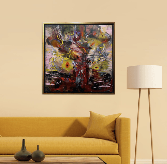 Framed autumn gestural action painting melancholia still life by O KLOSKA