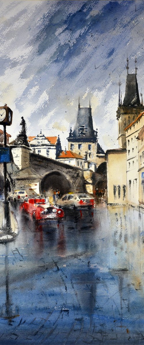 Rain under the Charles Bridge Prague 53x35cm 2020 by Nenad Kojić watercolorist