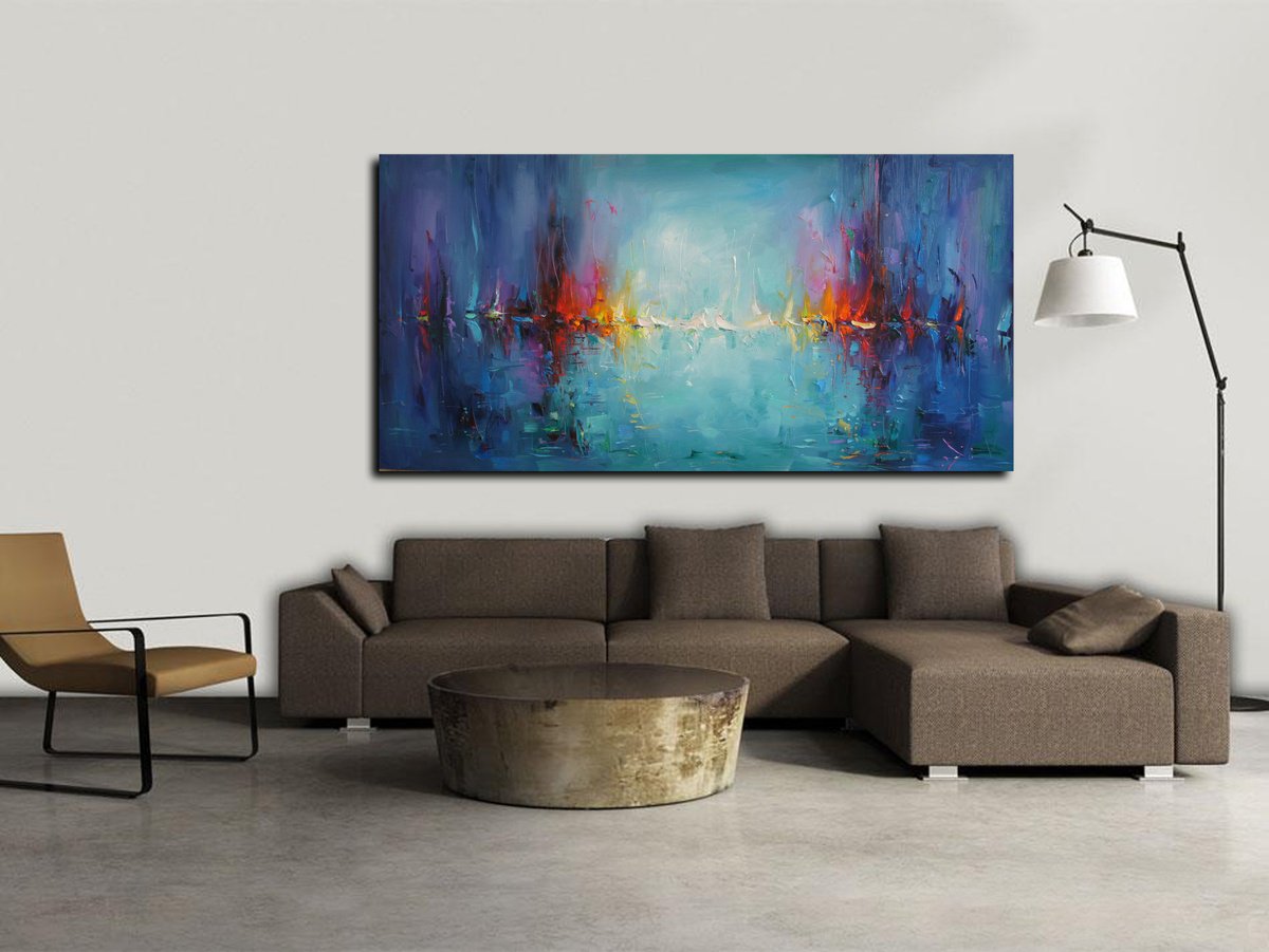 Expressive Landscape Oil Painting By Stanislav Lazarov, 79 X 39", Sailing Boats, Original Artwork