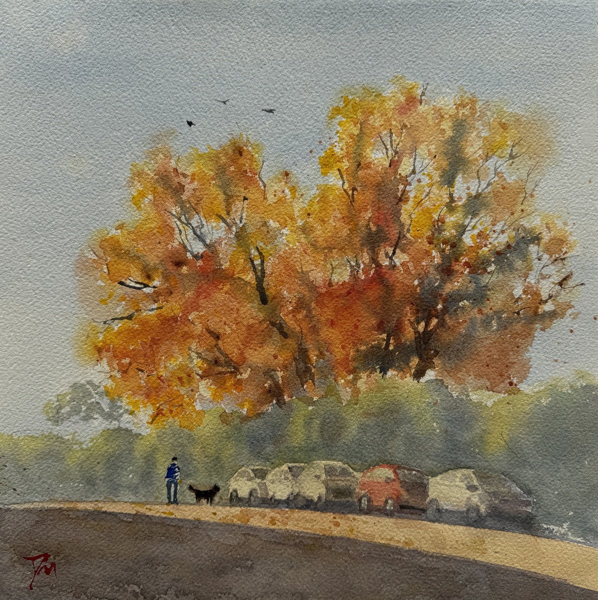 Impressionistic Landscape Watercolour By Shelly Du, 12 X 12", Morning Walk In Autumn, Original Artwork