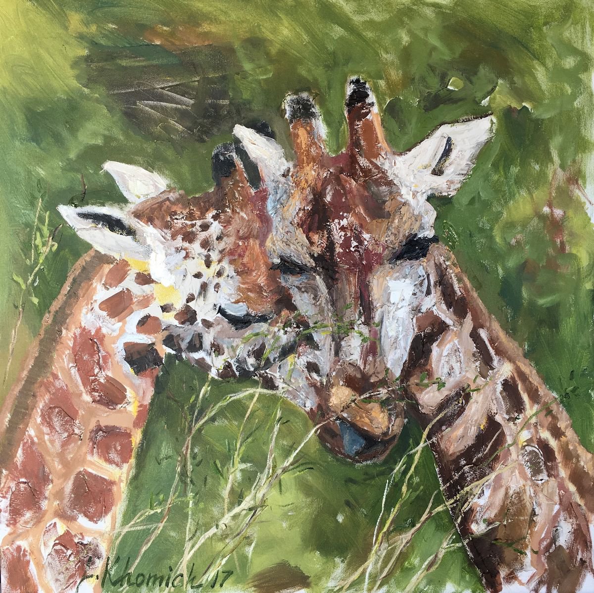 Impressionistic Animal Oil Painting By Leo Khomich, 28 X 28", Giraffes Impression Painting, Original Artwork