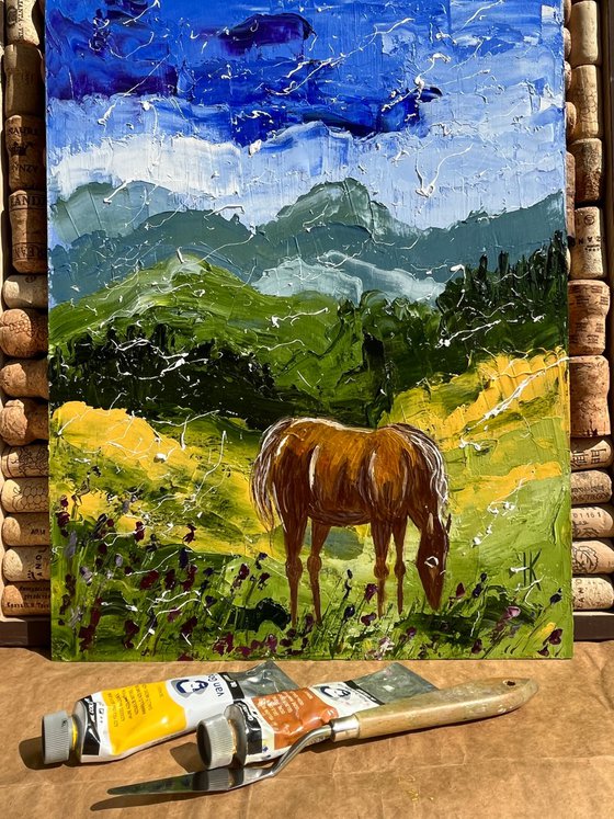 Alps Painting Mountains Original Art Swiss Alps Impasto Horse Oil Artwork Switzerland Home Wall Art 12 by 16 by Halyna Kirichenko