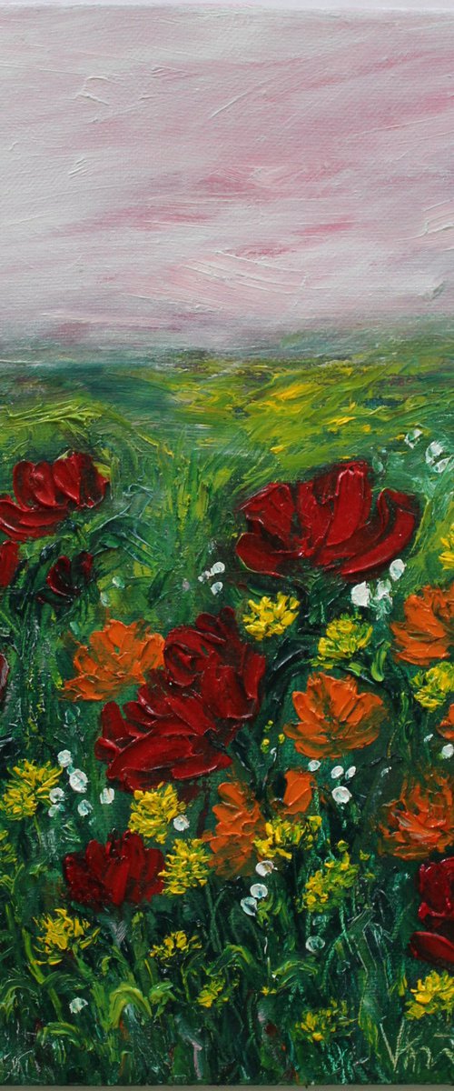 Paradise Found - Floral landscape oil painting on canvas- wild flowers and poppies - palette knife - textured - impressionistic artwork - impasto painting - floral meadow - home decor - gift art - affordable landscape painting by Vikashini Palanisamy