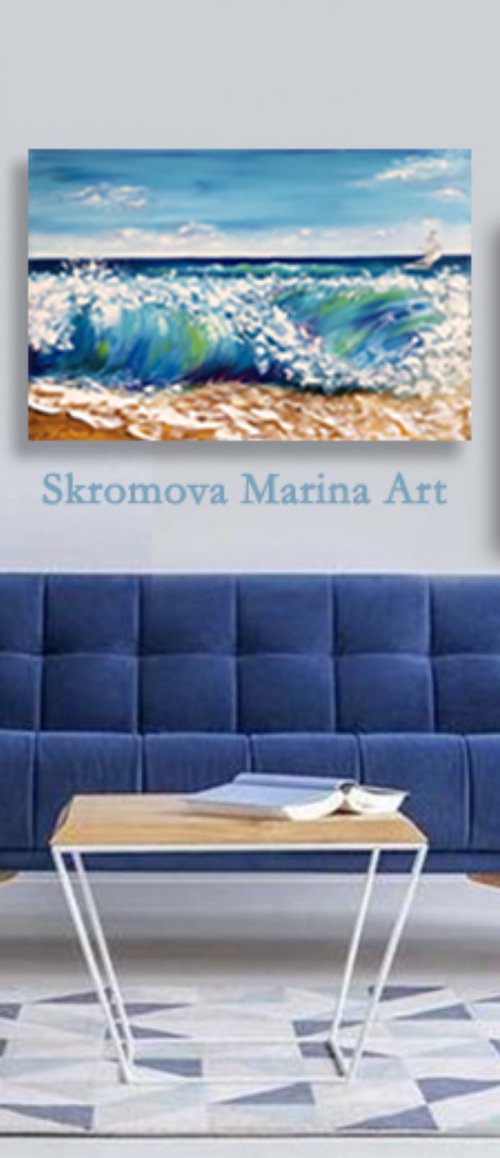 ONE DAY ON THE SEASHORE - Ocean set. Triptych marine story. Seascape 3 pcs. Triple panel. Beautiful flowers. Blue background. Nature. Heat. by Marina Skromova