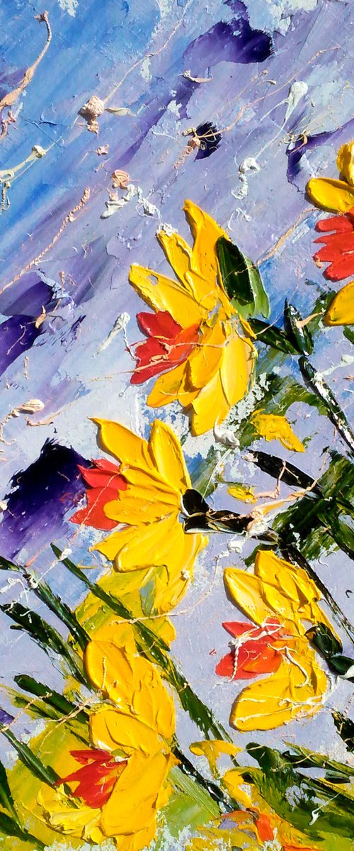 Daffodil Painting Floral Original Art Flowers Oil Impasto Pallete Knife Artwork Small Home Wall Art 8 by 8" by Halyna Kirichenko by Halyna Kirichenko