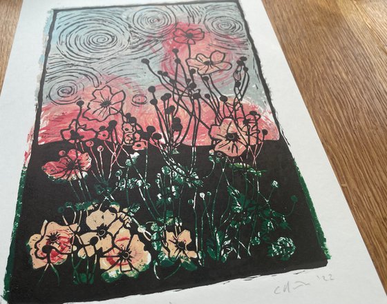 Anemones - Flower Contemporary Linocut Print