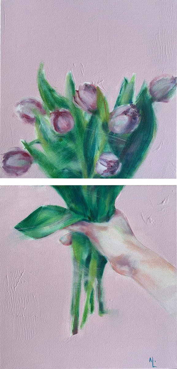 Expressive Botanical Painting By Alina Lobanova, 10 X 20, Tulips, Original Artwork