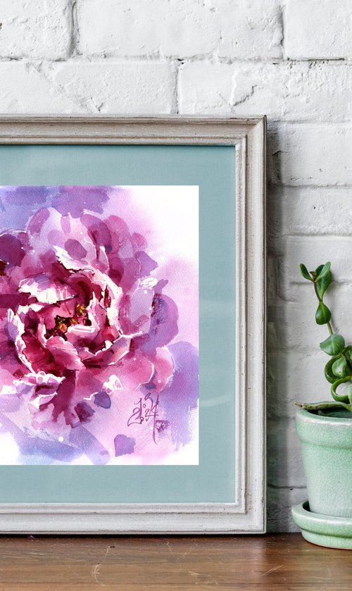 "Diving into the heart of the peony" watercolour abstract flora in delicate colours by Ksenia Selianko