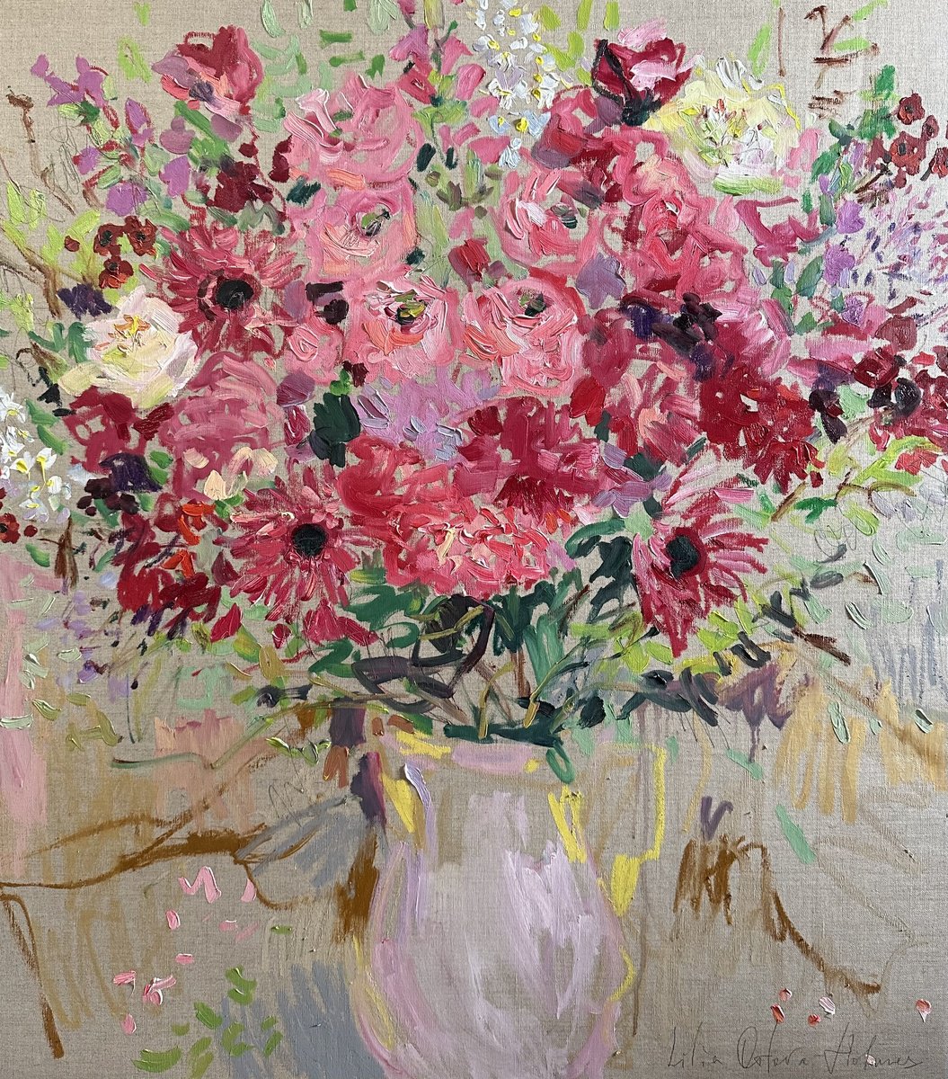 Expressive Still Life Oil Painting By Lilia Orlova-Holmes, 31 X 35", Jug Of Flowers, Original Artwork