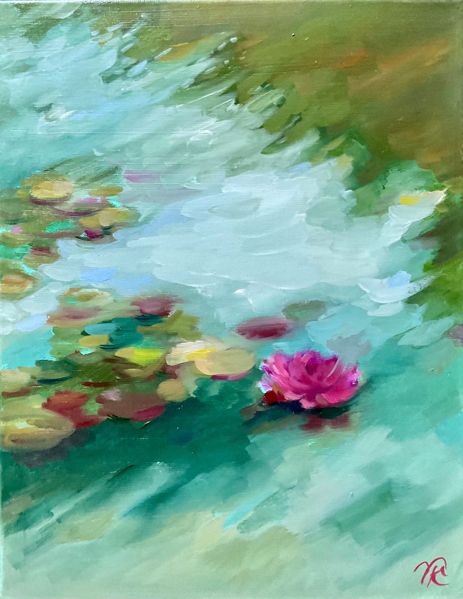 Impressionistic Botanical Oil Painting By Vera Klimova, 14 X 18", Tender Water Lily, Original Artwork
