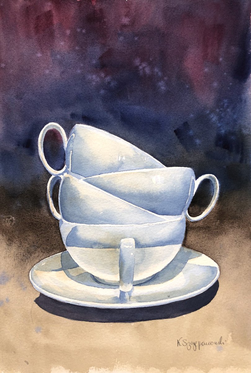 Watercolour , Four Cups By Krystyna Szczepanowski, 9 X 14, Artwork For Sale On Artfinder