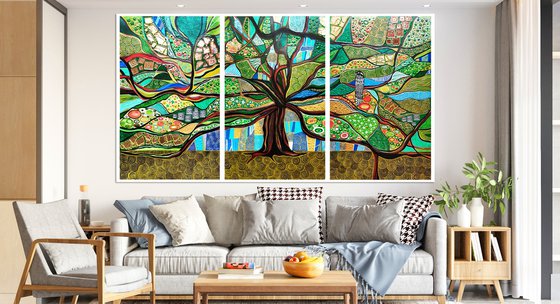 Huge green abstract painting Tree of life. Large abstract wall art