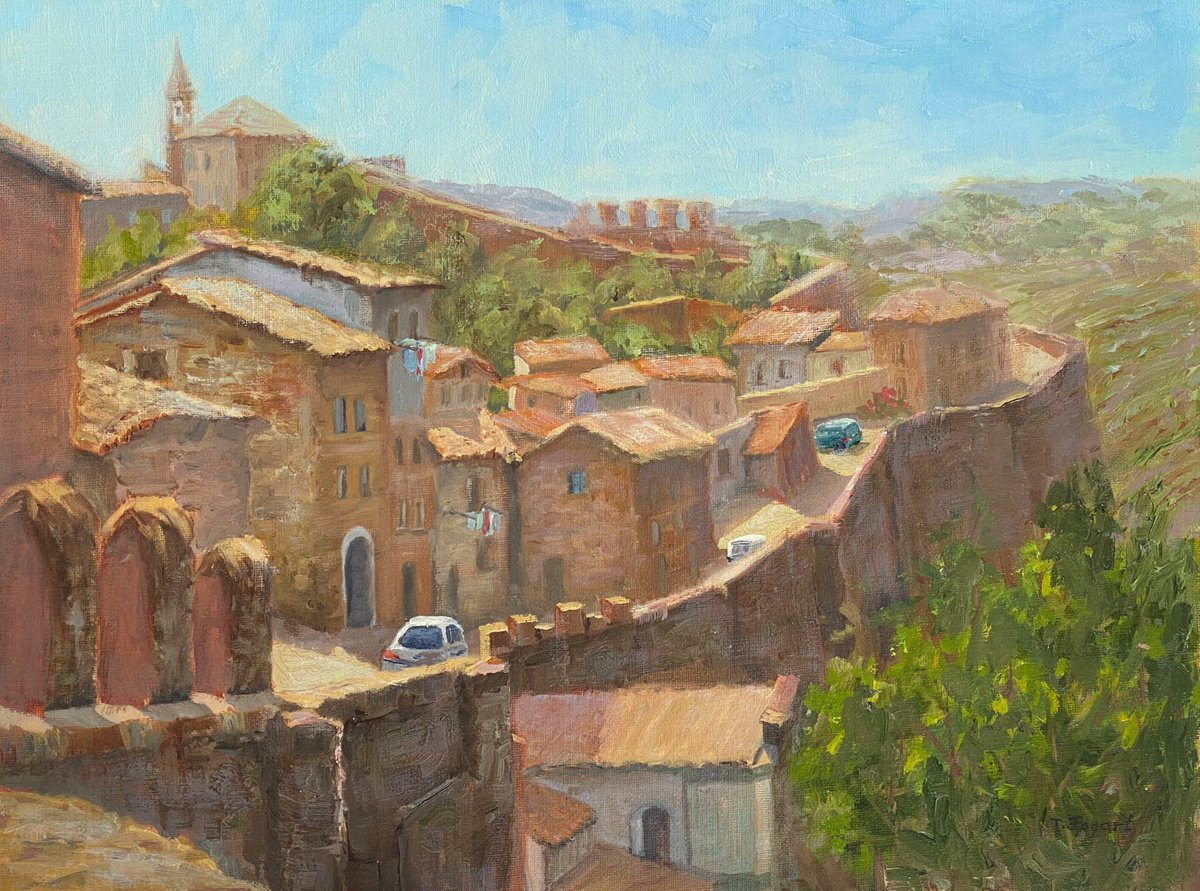 Impressionistic Cityscapes Oil Painting By Tatyana Fogarty, 16 X 12", Italian Hilltop Town Orvieto, Original Artwork