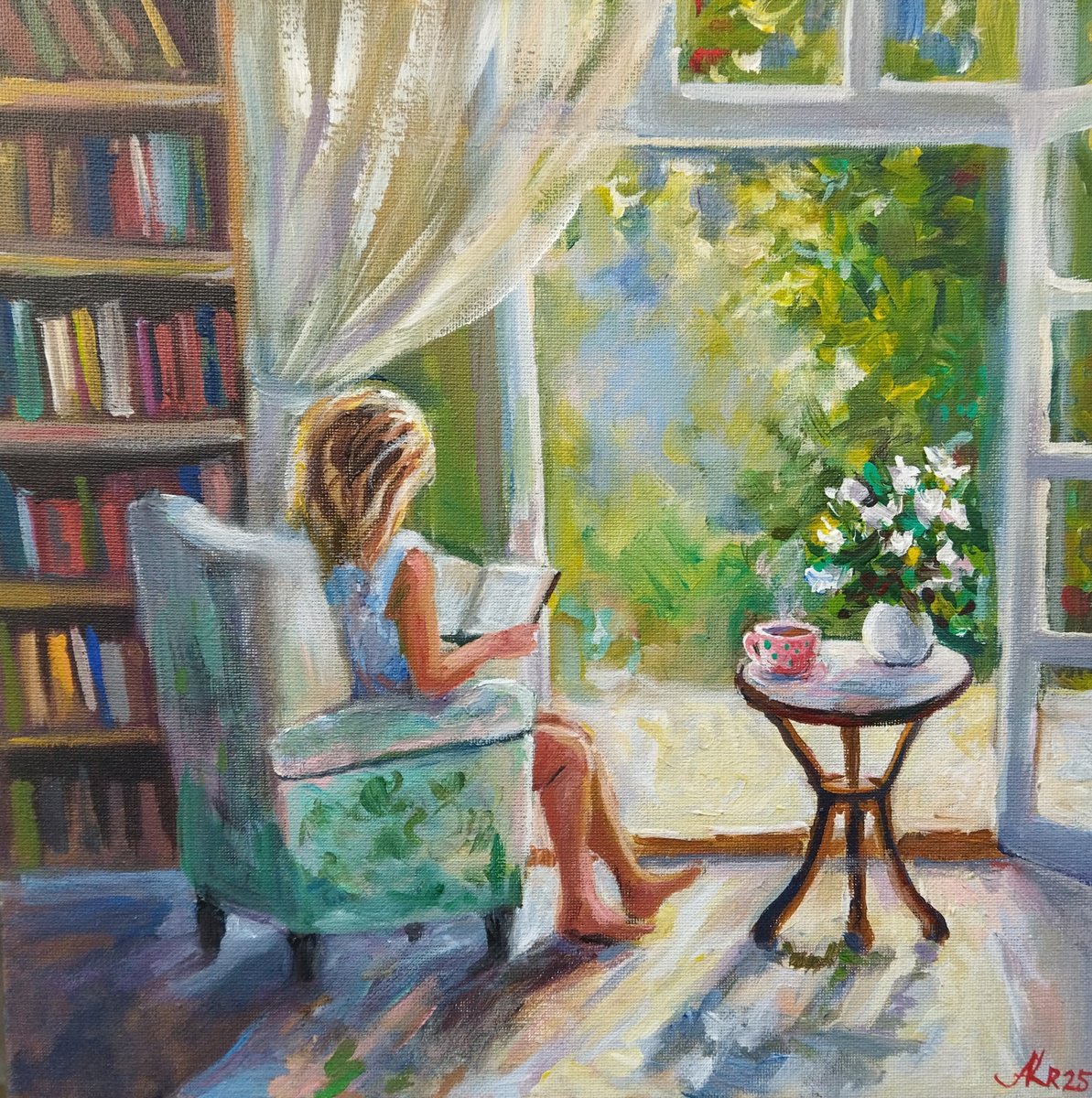 Expressive Portrait Acrylic Painting By Ann Krasikova, 12 X 12, Girl Reading A Book, Original Artwork