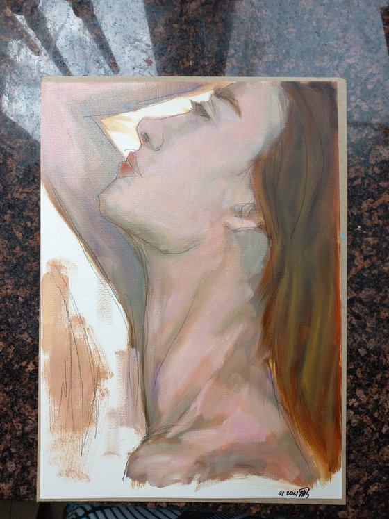 Nude. Woman oil portrait. Etude style. 38 x 27 cm/ 15 x 10.6 in