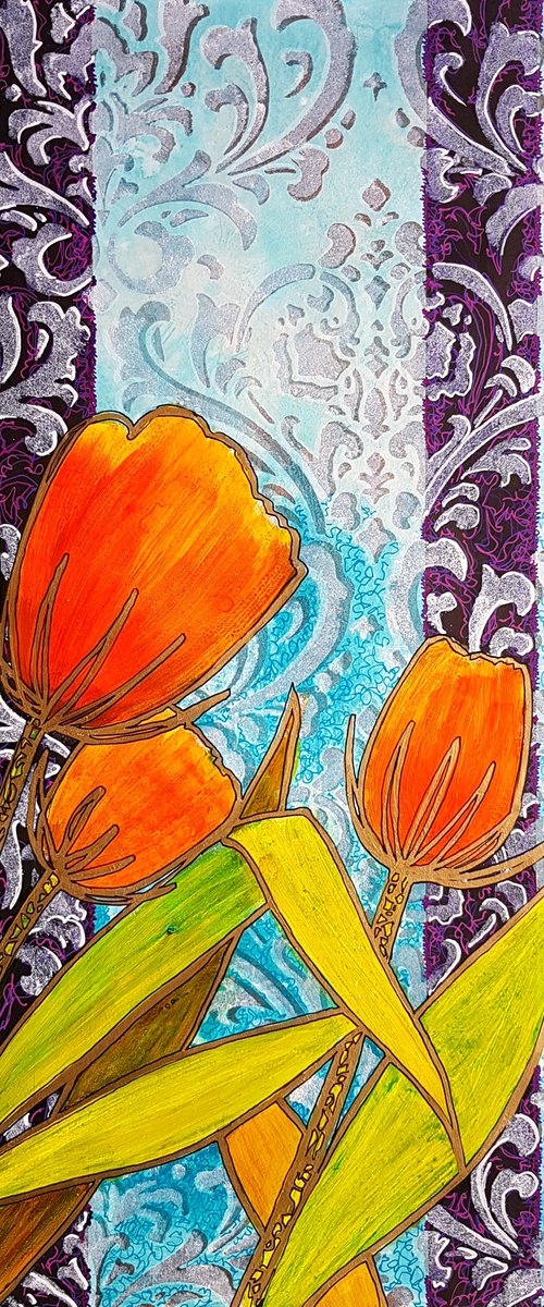 Pure ornament #2 - Tulips Decorative mixed media on paper - 16.5"X23.4" by Fabienne Monestier
