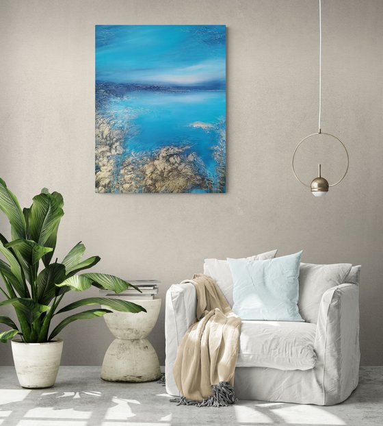 A XL large original modern semi-abstract painting "Blue Lagoon"