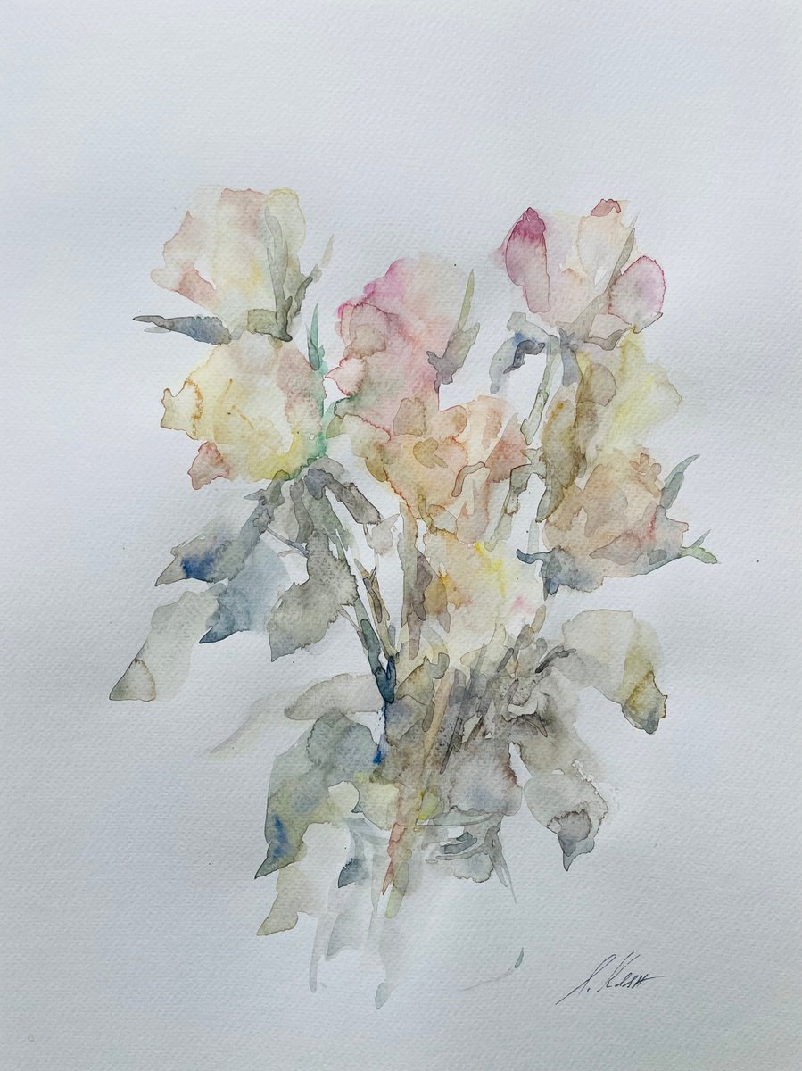 Impressionistic Botanical Watercolour By Elena Klyan, 12 X 16, Roses 2025, Original Artwork