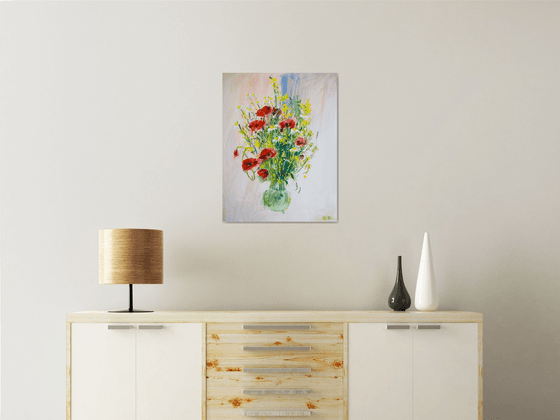 Poppies and camomiles. Summer bouquet in a studio. Bright colors medium size interior abstract flowers red yellow tender