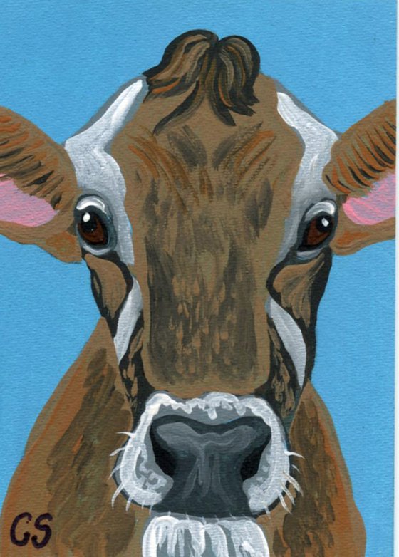 ACEO ATC Original Painting Brown Cow Farm Animal Art-Carla Smale