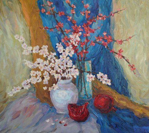 Still life with Pomegranate, 80x70 cm, oil painting, Free Shipping by Larissa Uvarova