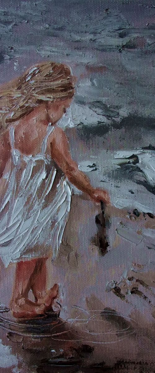 " WET SHOES  " SEA original painting palette knife GIFT ANGEL MODERN URBAN ART OFFICE ART DECOR HOME DECOR GIFT IDEA by Monika Luniak