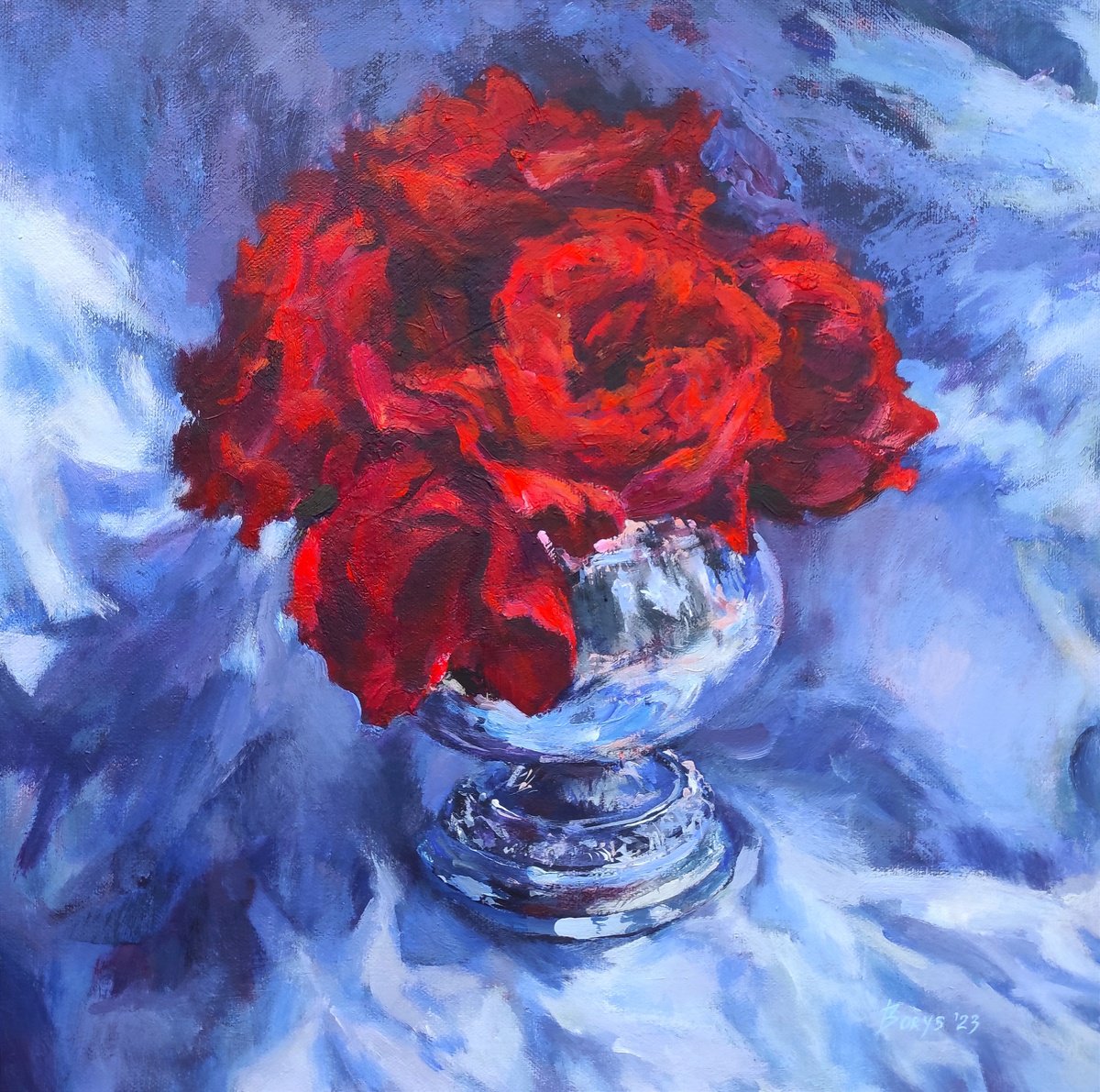 Impressionistic Still Life Acrylic Painting By Tetiana Borys, 16 X 16", Red Roses In A Metal Vase, Original Artwork