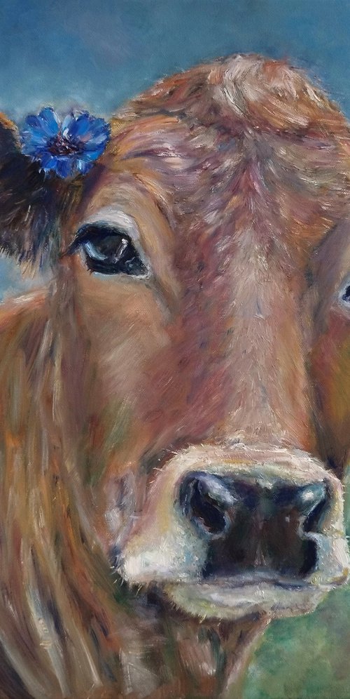 A Cow With A Cornflower Behind Its Ear by Jura Kuba Art